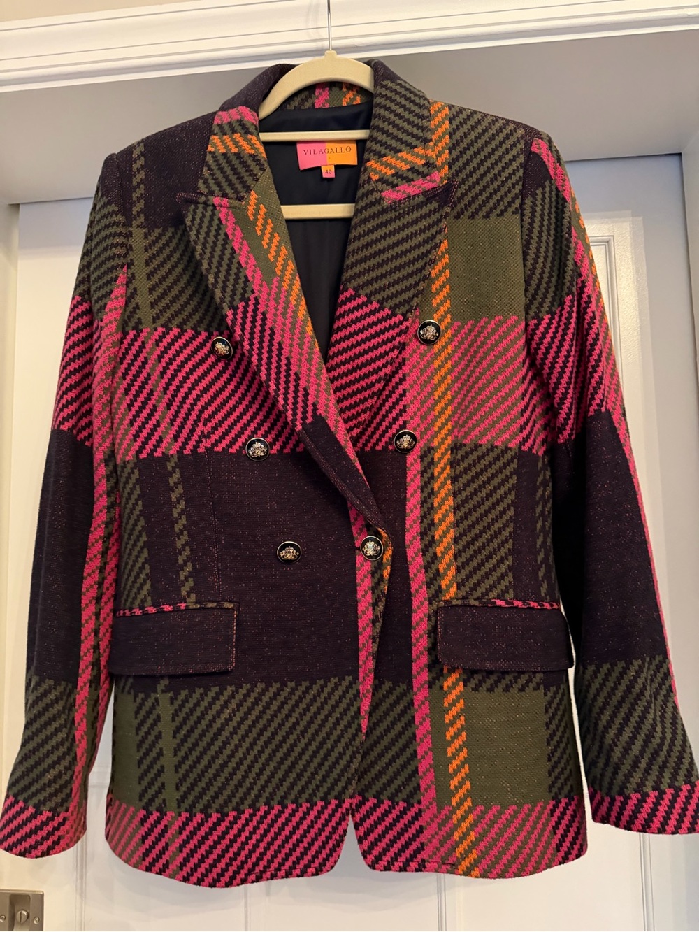 Vilagallo Pink, Olive & Orange Plaid Double-Breasted Blazer